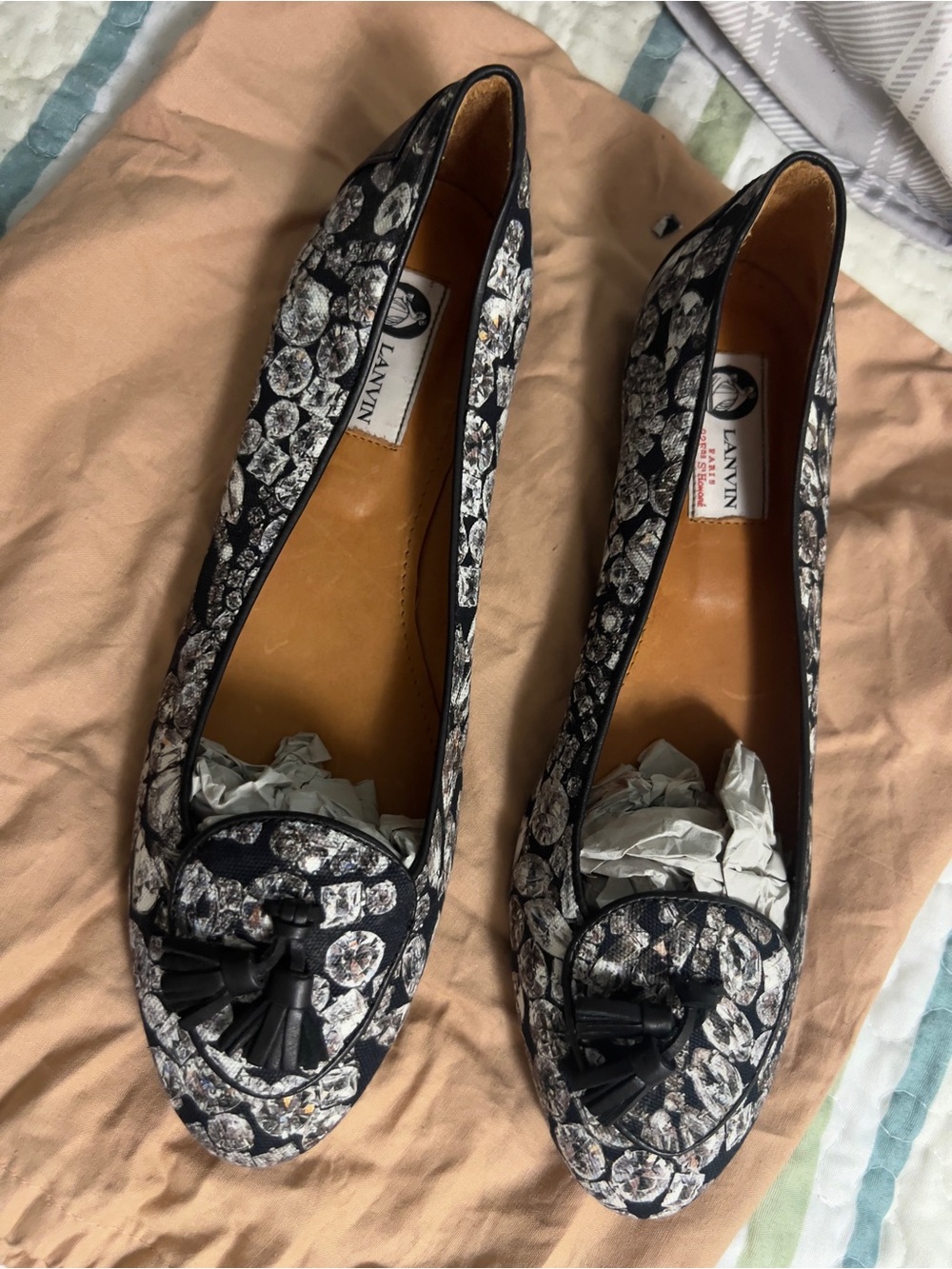 Lanvin Black and White Crystal-Print Tassel Loafers